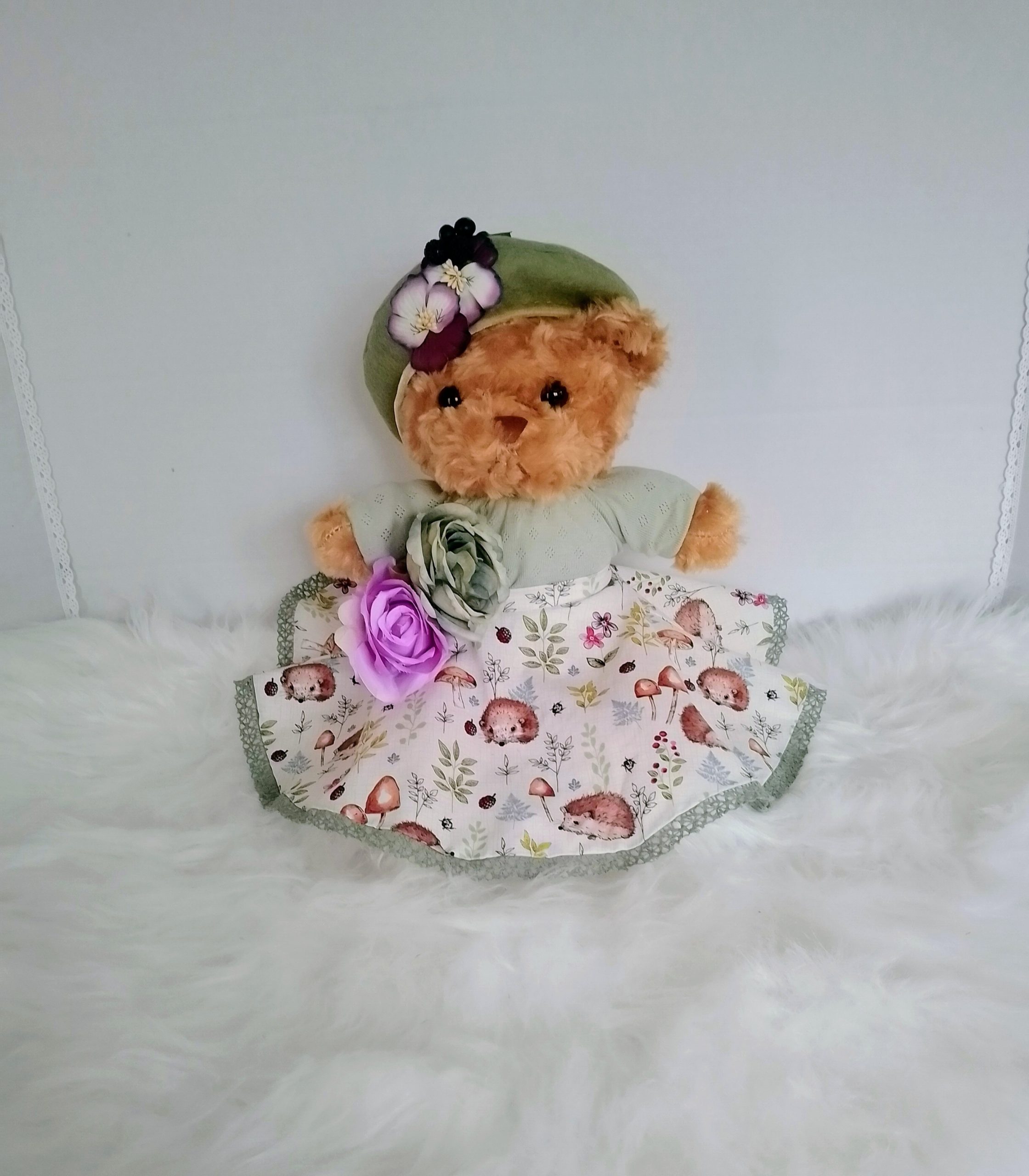 New, high-quality generic, non-branded soft toy teddy bear with unique, custom-made autumn skirt, jumper, French beret and handbag by Enchanting World. - Image 5