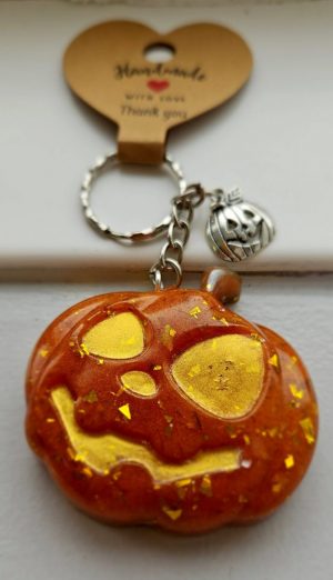 Glowing Pumpkin Resin Keyring with Mini Pumpkin Charm