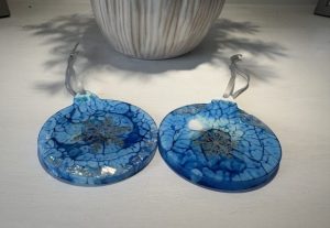 Pair Blue, White and Silver Christmas Baubles