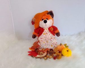 New, high-quality generic, non-branded soft toy fox with unique, custom-made autumn dress, jacket and cloche hat by Enchanting World.
