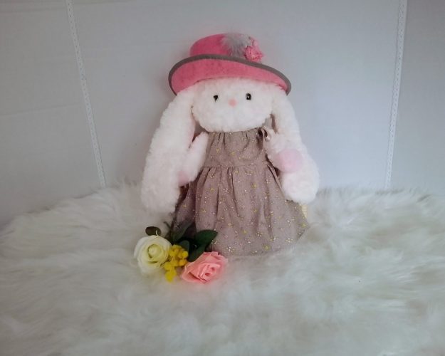 New, high-quality generic, non-branded soft toy bunny with unique, custom-made summer dress and hat by Enchanting World.