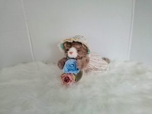 New, high-quality generic, non-branded soft toy cat with unique, custom-made summer dress and poke bonnet by Enchanting World.