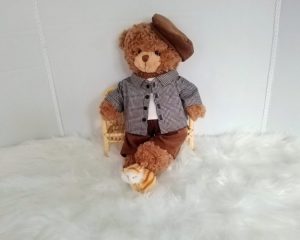 New, high-quality generic, non-branded soft toy teddy bear with unique, custom-made countryside fashion and millinery by Enchanting World.