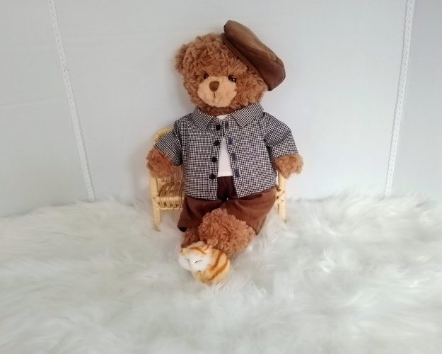 New, high-quality generic, non-branded soft toy teddy bear with unique, custom-made countryside fashion and millinery by Enchanting World.