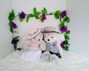Couple of custom-clothed soft toy teddy bears (original base : Bebamour teddy bears), with unique, handcrafted wedding fashion and millinery by Enchanting World.