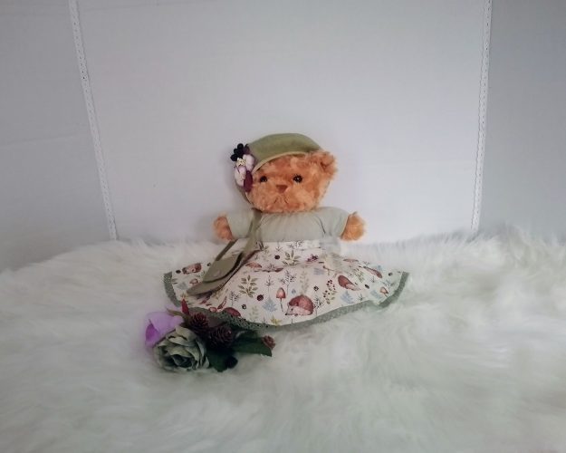 New, high-quality generic, non-branded soft toy teddy bear with unique, custom-made autumn skirt, jumper, French beret and handbag by Enchanting World.