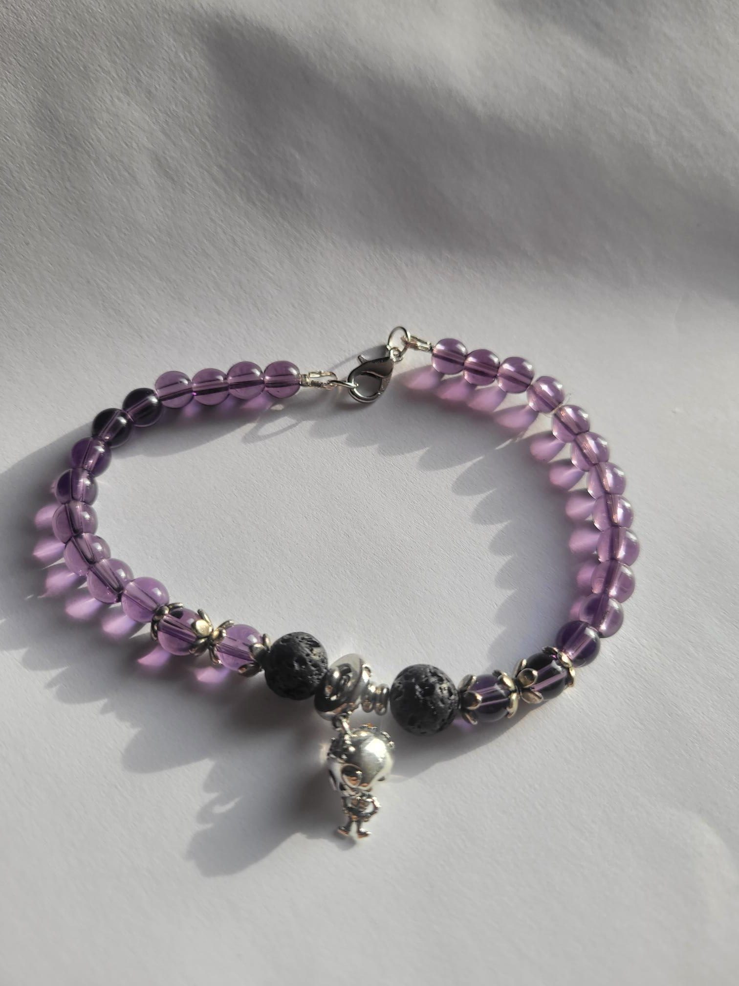 Purple Gothic Lava Bead Bracelet – Repurposed Beads with Skeleton Charm, Alternative Handmade Jewelry - Image 2