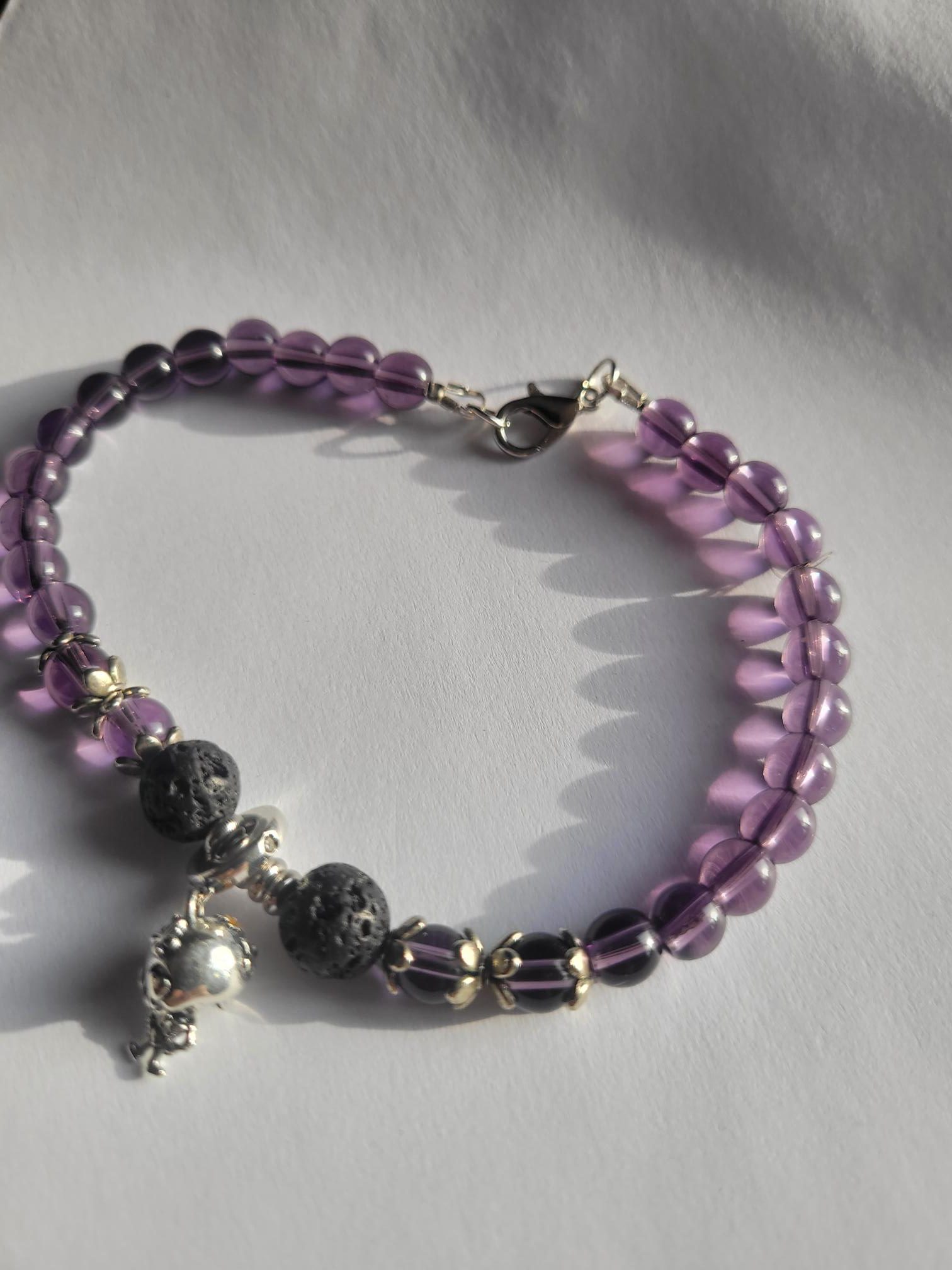 Purple Gothic Lava Bead Bracelet – Repurposed Beads with Skeleton Charm, Alternative Handmade Jewelry - Image 3