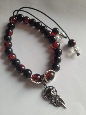 Gothic Red & Black glass beaded bracelet with silver-tone dreamcatcher charm
