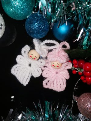 Hand-Crocheted Angel Ornament Duo, White & Pink, Festive Tree Décor & Handmade Gift