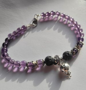 Purple Gothic Lava Bead Bracelet – Repurposed Beads with Skeleton Charm, Alternative Handmade Jewelry