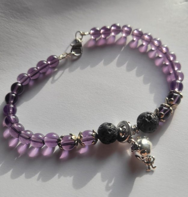 Purple Gothic Lava Bead Bracelet – Repurposed Beads with Skeleton Charm, Alternative Handmade Jewelry