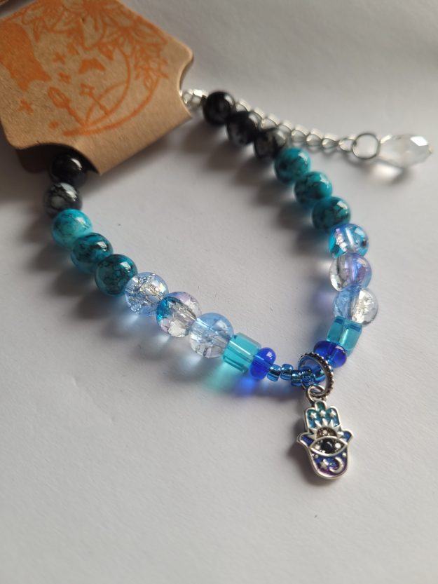 Handmade Blue Crackled Glass Beaded Bracelet with Silver All-Seeing Eye Charm