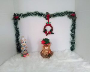 New, high-quality generic non-branded soft toy squirrel with unique, custom-made Christmas dress, faux fur scarf, riding hat and handbag by Enchanting World.