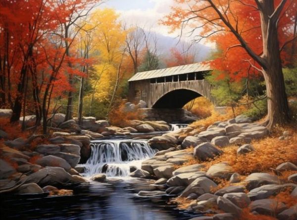 Cross Stitch Needlework Embroidery Kit | Covered Bridge in Fall ...