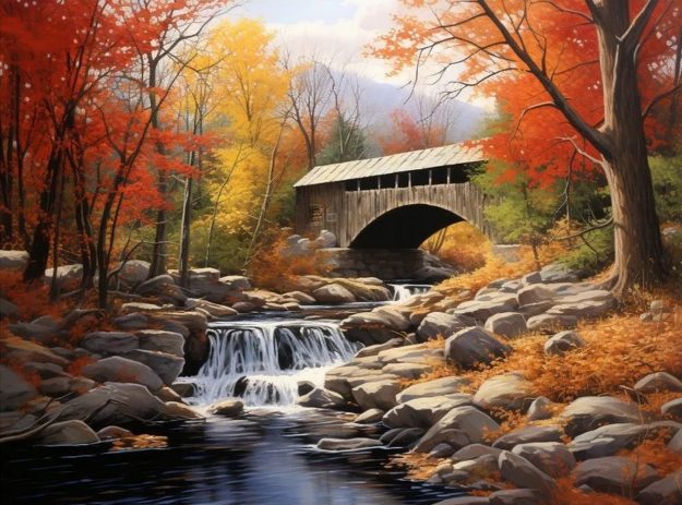 Cross Stitch Needlework Embroidery Kit | Covered Bridge in Fall