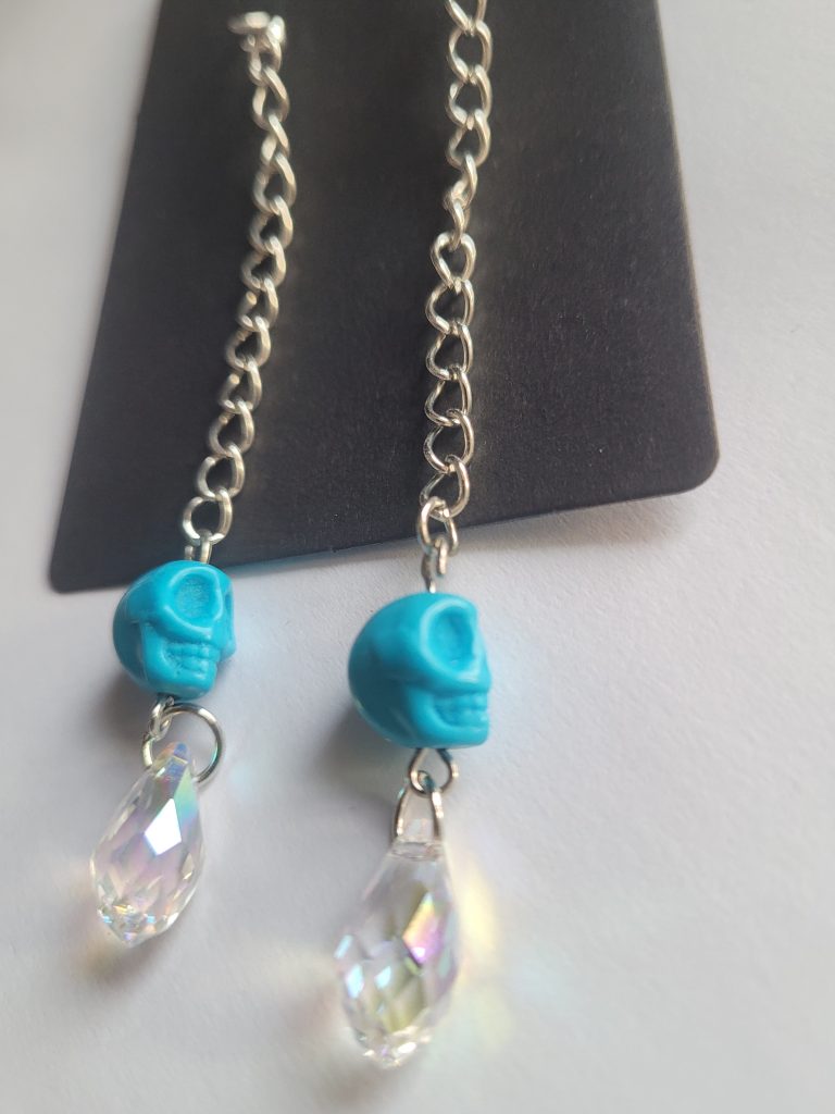 Blue skull & Crystal drop earrings on 925 Sterling Silver hooks