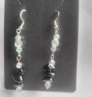 Black Obsidian & Austrian Crystal Glass Dangle Earrings – 925 Sterling Silver