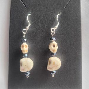 Handmade Black glass and skull earrings - 925 Sterling Silver hooks