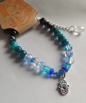 Handmade Blue Crackled Glass Beaded Bracelet with Silver All-Seeing Eye Charm