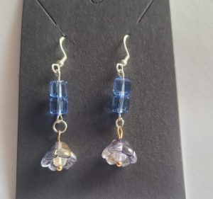 Handmade glass flower with blue crystal glass cubes on 925 Sterling Silver hooks