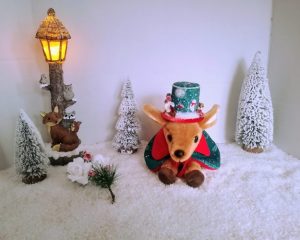 New, high-quality generic non-branded soft toy fawn with unique, handcrafted winter woodland reversible cape, and matching top hat by Enchanting World.