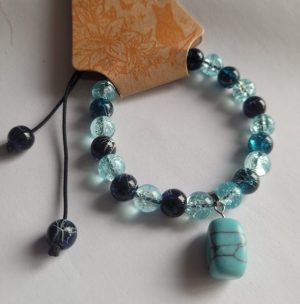 Handmade Black and blue glass beads with Natural Stone charm