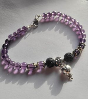 Purple Gothic Lava Bead Bracelet – Repurposed Beads with Skeleton Charm, Alternative Handmade Jewelry