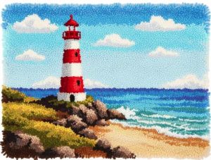 Rug Making Latch Hooking Kit | Beach Lighthouse (75x55cm Printed Canvas) "NEW"