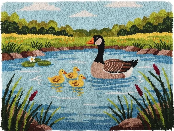 Rug Making Latch Hooking Kit | Pond Goose Family (75x55cm Printed Canvas)