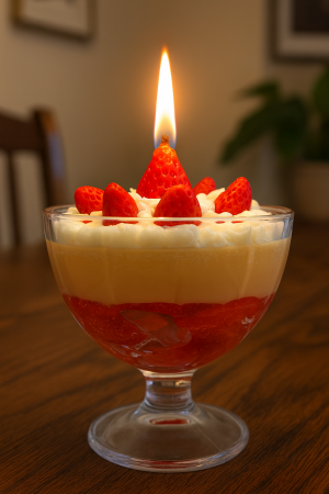 Dessert‑Inspired Candle • Strawberry Trifle Design • Handmade Soy • Dual Wick