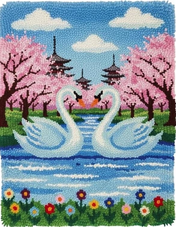 Rug Making Latch Hooking Kit | Cherry Blossom Swans (75x55cm Printed Canvas) "NEW"