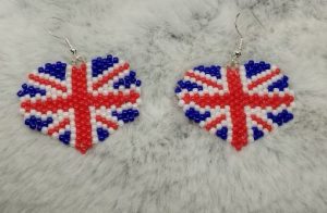 Union Flag Heart Shape Earrings, Beaded Jewellery, Handmade, Gift