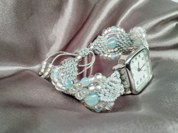 Dove Grey Micro Macrame Beadwork Bracelet Watch, Beadwork Watch Bracelet, Opals,Jewellery, Gift - Image 2
