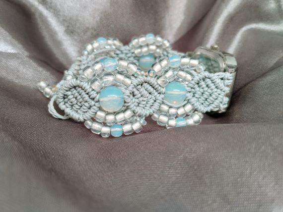Dove Grey Micro Macrame Beadwork Bracelet Watch, Beadwork Watch Bracelet, Opals,Jewellery, Gift - Image 3