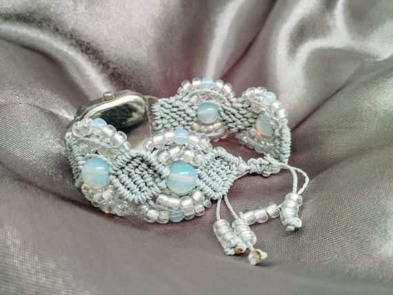 Dove Grey Micro Macrame Beadwork Bracelet Watch, Beadwork Watch Bracelet, Opals,Jewellery, Gift - Image 4