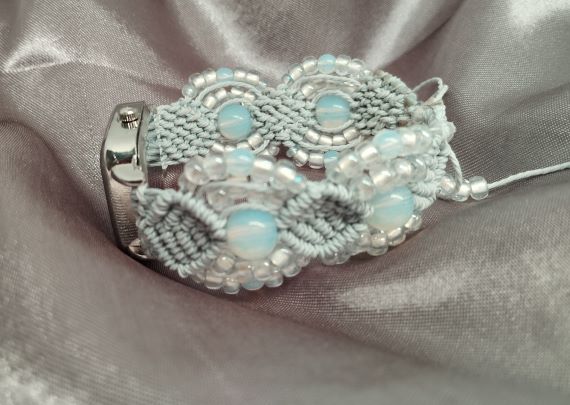 Dove Grey Micro Macrame Beadwork Bracelet Watch, Beadwork Watch Bracelet, Opals,Jewellery, Gift - Image 5