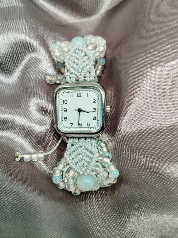 Dove Grey Micro Macrame Beadwork Bracelet Watch, Beadwork Watch Bracelet, Opals,Jewellery, Gift - Image 6