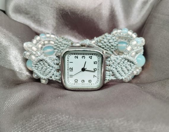 Dove Grey Micro Macrame Beadwork Bracelet Watch, Beadwork Watch Bracelet, Opals,Jewellery, Gift - Image 7