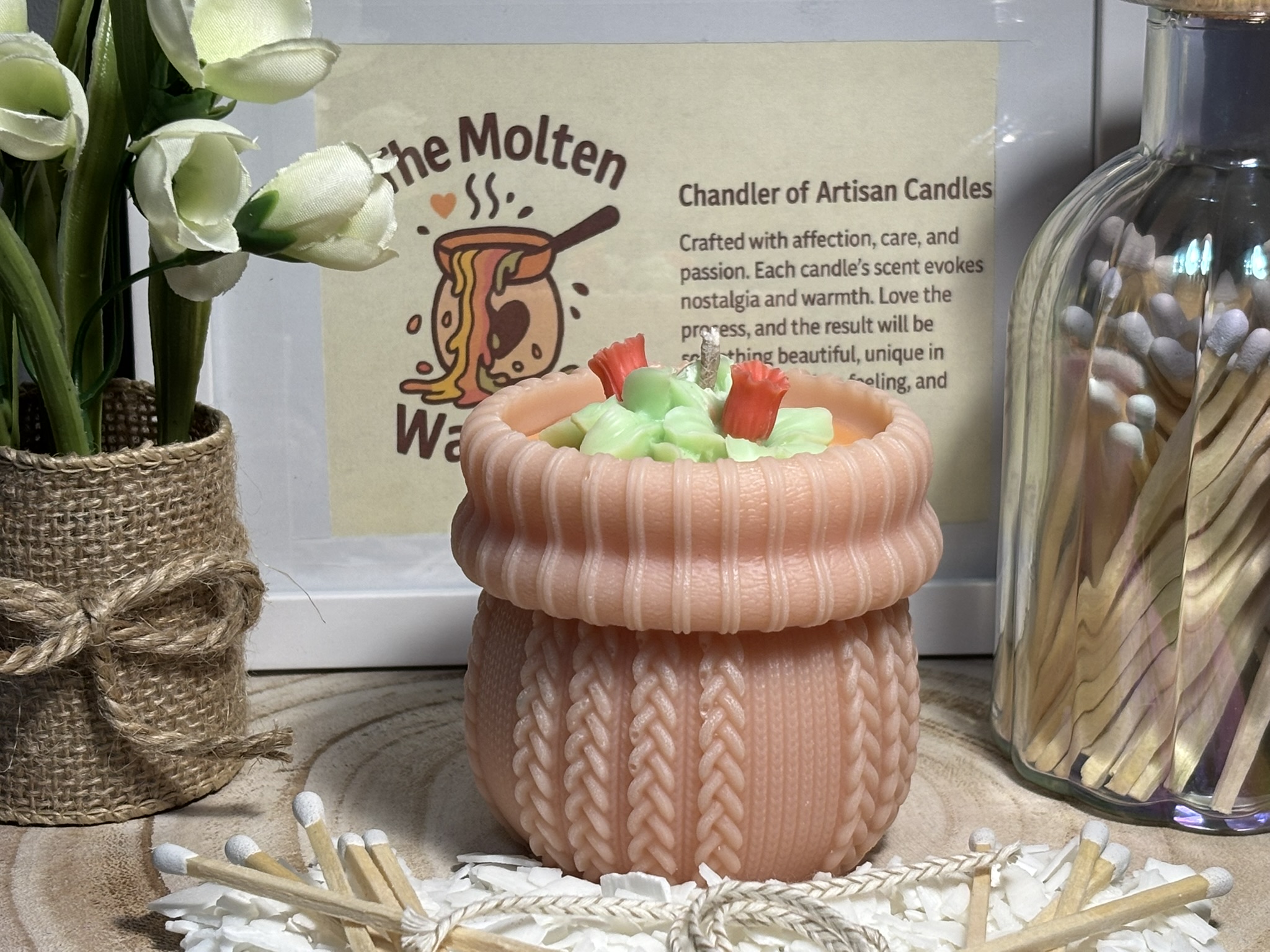 🌸 Peach Blush Woven Cuff Pillar Candle — Baby Powder Scent - Image 5
