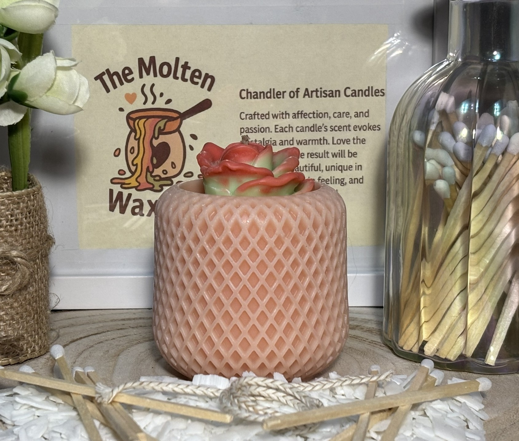 🌸 Peach Blush Rose Lattice Pillar Candle — Baby Powder Scent - Image 4