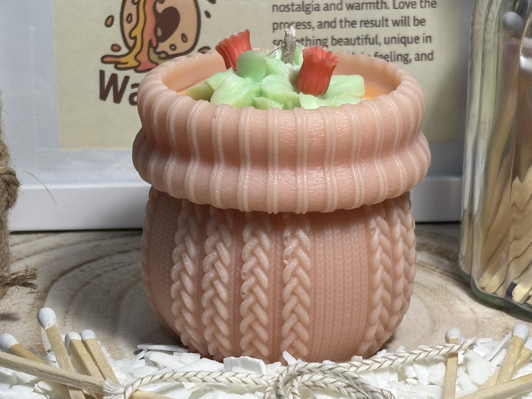 🌸 Peach Blush Woven Cuff Pillar Candle — Baby Powder Scent