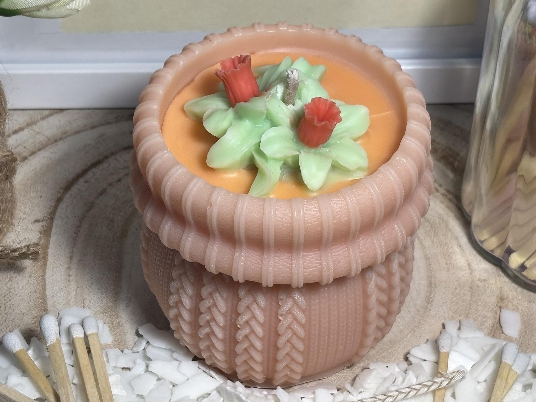🌸 Peach Blush Woven Cuff Pillar Candle — Baby Powder Scent - Image 3