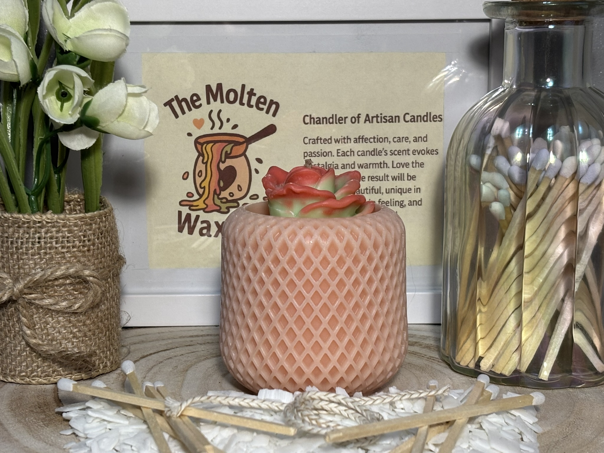 🌸 Peach Blush Rose Lattice Pillar Candle — Baby Powder Scent - Image 2