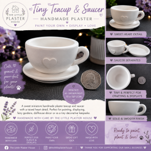 Tiny Handmade Plaster Teacup & Saucer with Heart Detail