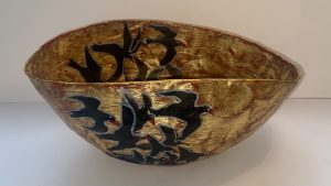 Gilded Papier Mache black bird oval bowl