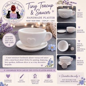 Tiny Handmade Plaster Teacup & Saucer with Heart Detail