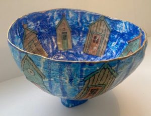 Papier Mache bowl depicting the sea with Beach Huts