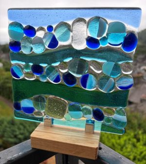 Handcrafted Fused Glass Blue Pebble Landscape Panel