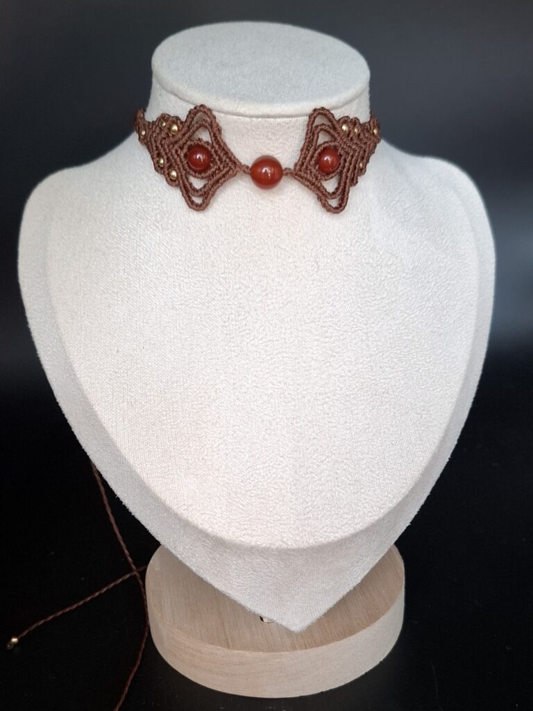Chocolate Brown Macrame Choker Necklace with Red Agate Gemstones